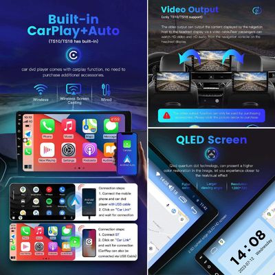 유니버설 2 Din QELD/IPS 터치 스크린 라디오 플레이어 Carplay와 스플릿 스크린 기능